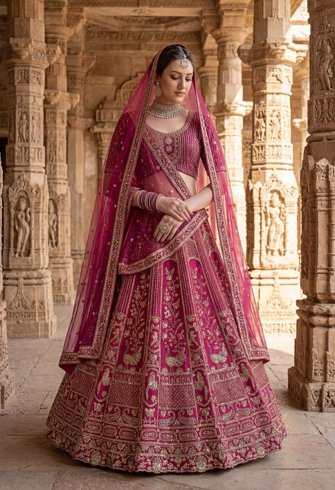 Classy Pink Thread Work Silk Bridal Lehenga Choli With Double Dupatta